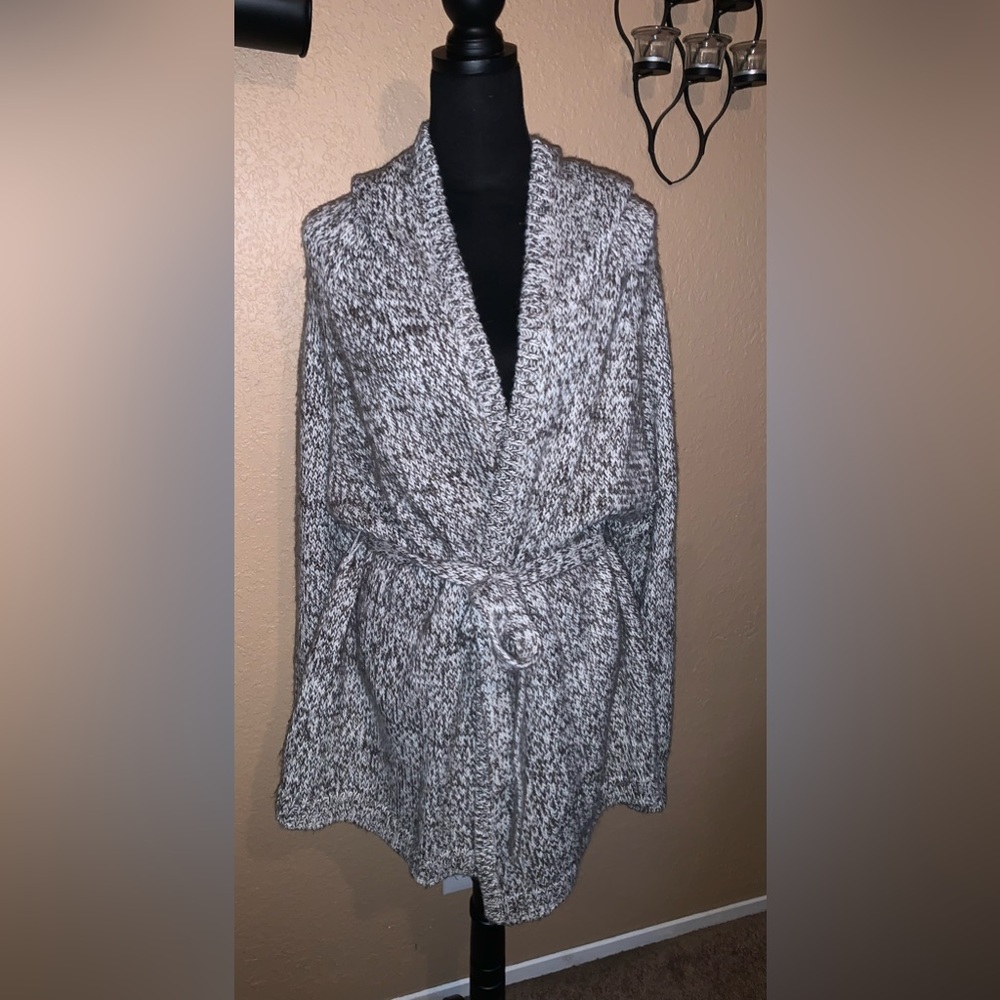 Heavy weight cozy warm wrap sweater with hood.